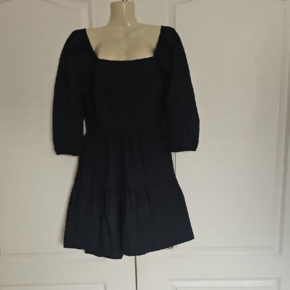 Adelyn Rae Navy BlueCotton Puff Sleeve A-line Dress - Picture 1 of 16